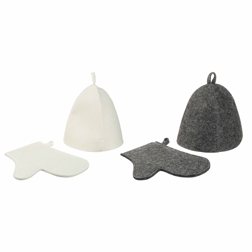 Набор банный ЭКОНОМ 2 предмета без вышивки (рукавица, шапка) в пакете, войлок белый/серый - #1