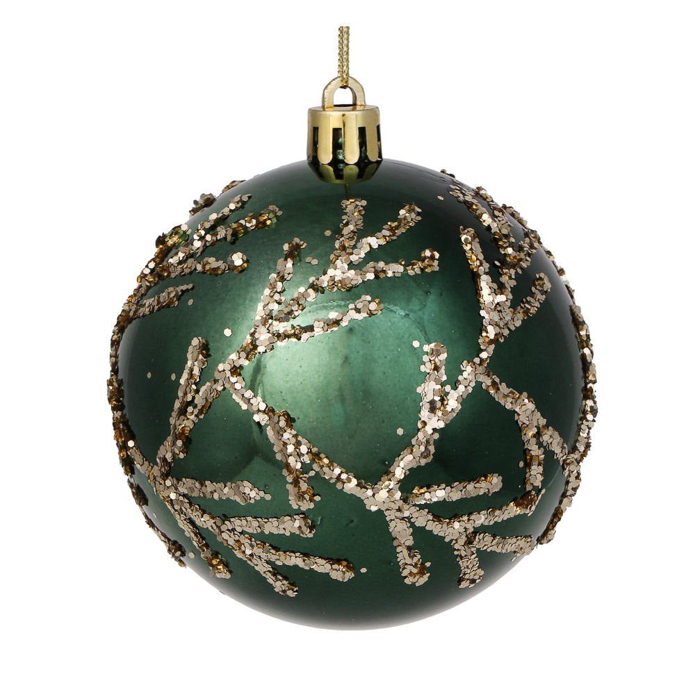 СНОУ БУМ Шар пластик 8 см, изумрудный, с веточками - #1