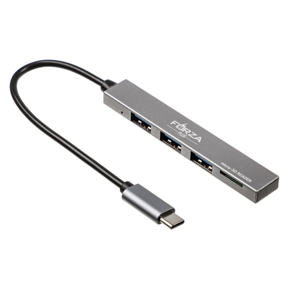 FORZA USB-хаб 4 в 1, 3xUSB 2.0, 1xMicro-SD, штекер Type-C, корпус металлик, пластик - #3