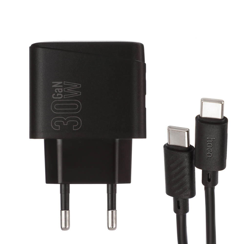 hoco. Зарядное устройство модель CS61A, USB+C 30W+ Кабель для зарядки С-С, цвет: черный - #10