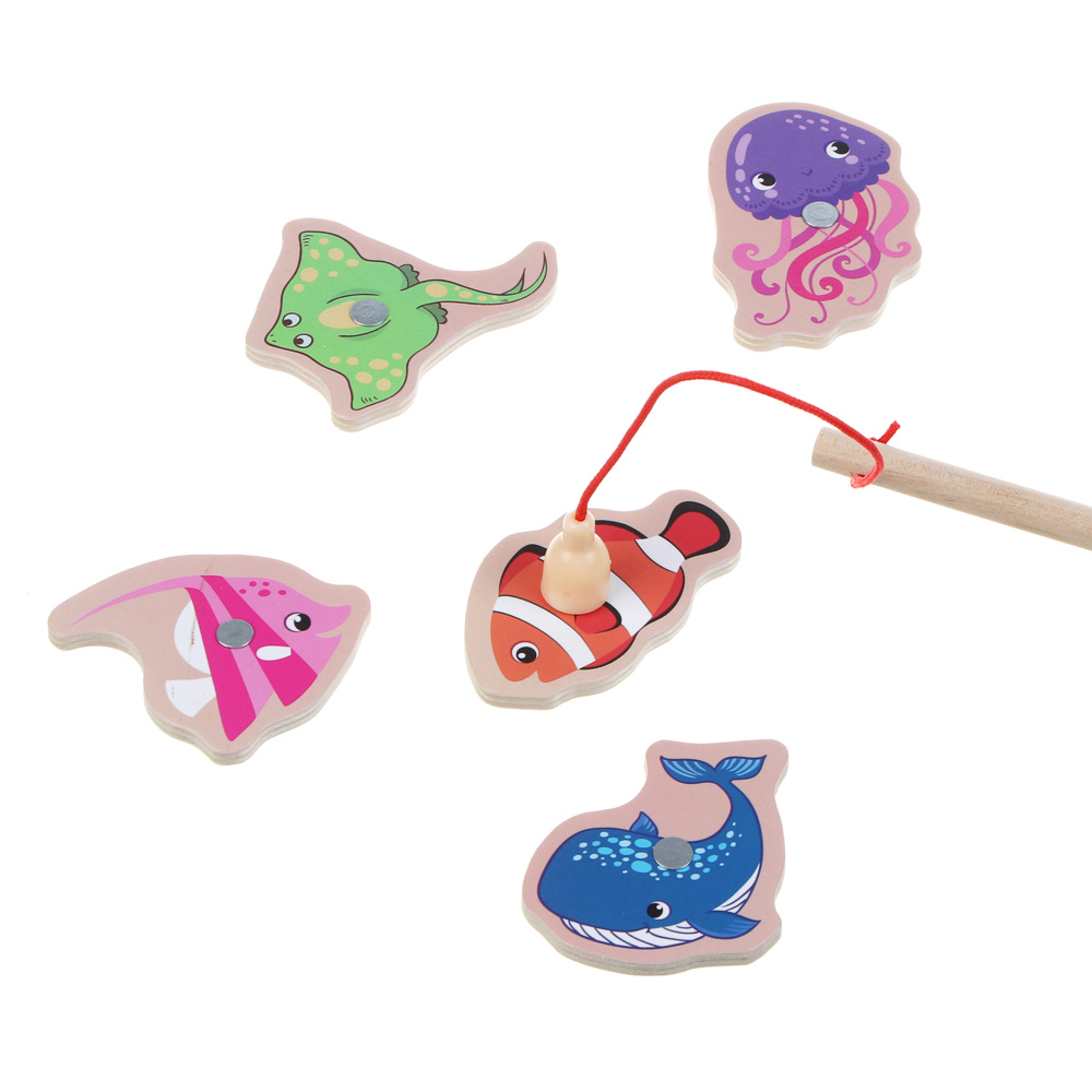 ИГРОЛЕНД Игрушка развивающая для малышей "Рыбалка магнитная", 12 фигурок, дерево, 20х14см - #2