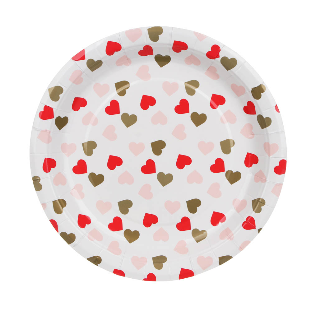 Набор тарелок бумажных, с фольгированным слоем, с сердечками, 2 цвета, красный, розовый, 20 см, 6 шт - #12