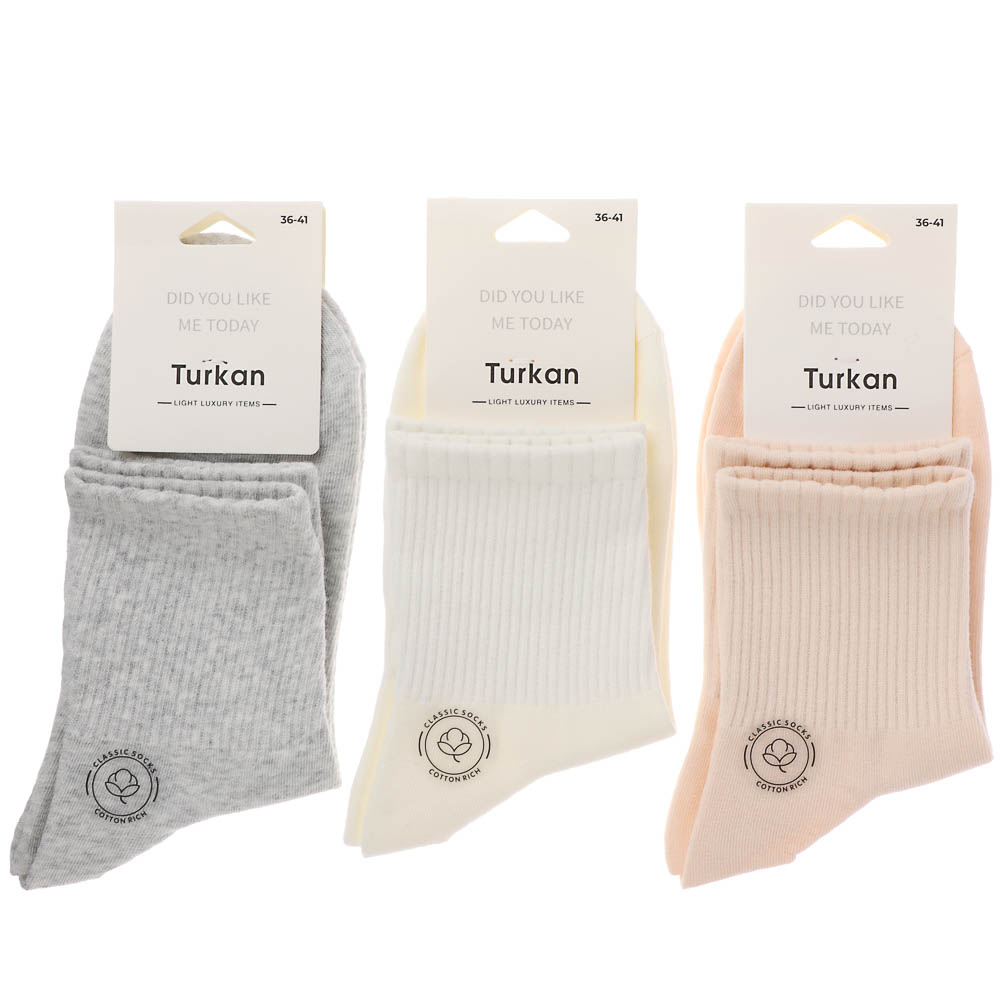 Носки женские высокие в рубчик, тм Turkan, р. 36-41, 90%хлопок, 8% п/а, 2%лайкра,цвета в ас-те,7158 - #6