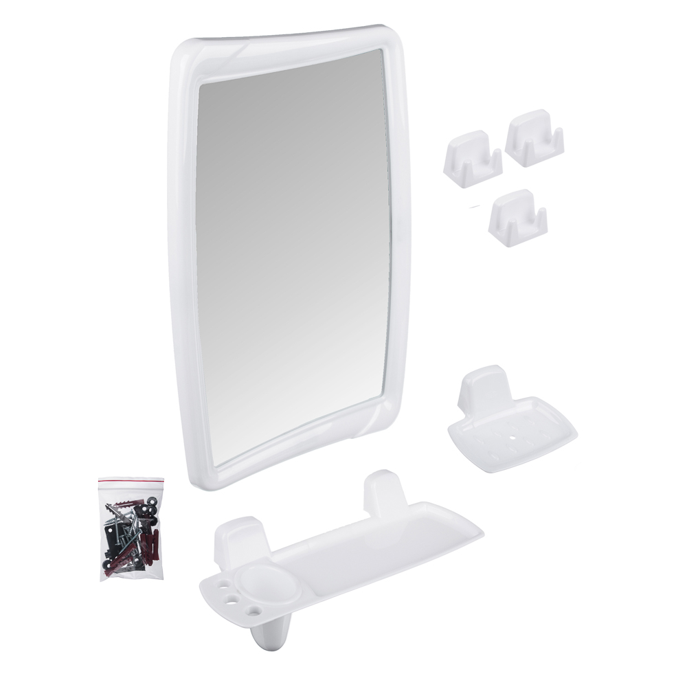 Комплект для ванной 6 пр (зеркало, 3 крючка, полка, подставка для мыльницы), пластик, 35,2х52см - #1