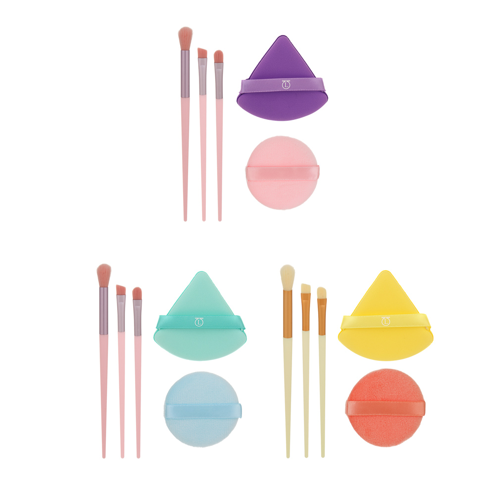 Набор для визажа 5 шт (спонжи 2 шт, кисти 3 шт) тм ЮНИLOOK, ЭВА, ПУ, пластик, нейлон, 3 цвета - #1