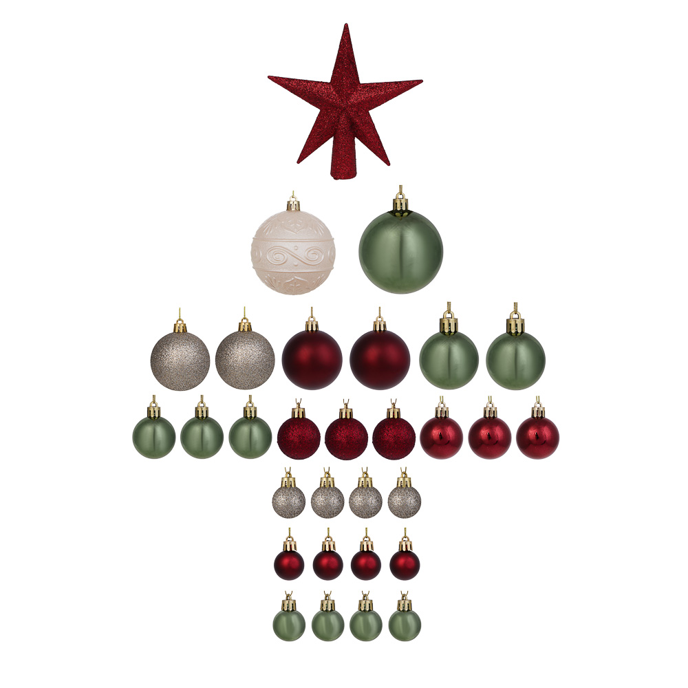 СНОУ БУМ Набор шаров и украшений 30 шт, 3см, 4см, 6см, 8см, красный, зеленый, белый - #1