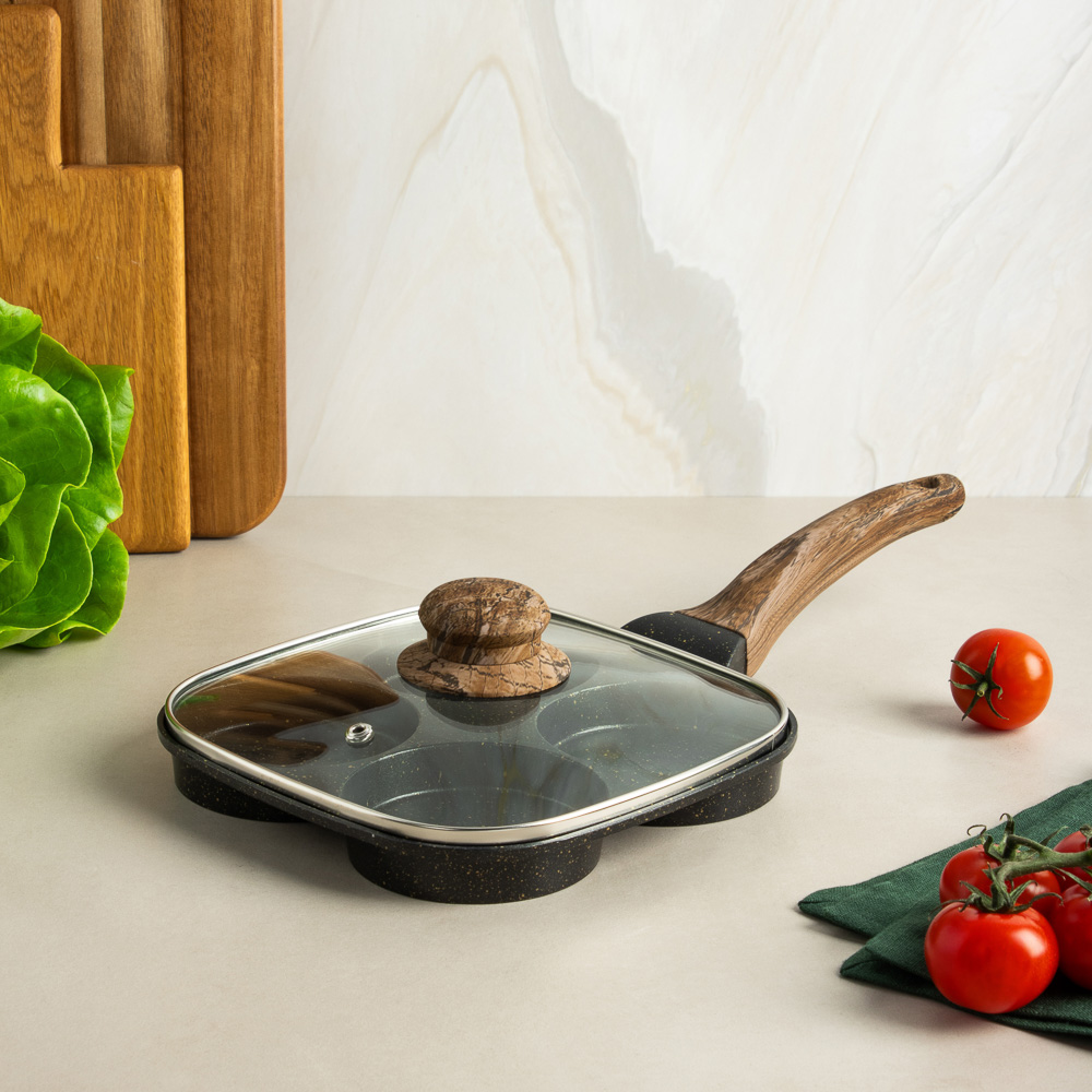 SATOSHI Карнуа Сковорода литая с крышкой, 4 секции, 18см, антипригарное покрытие мрамор, индукция - #11