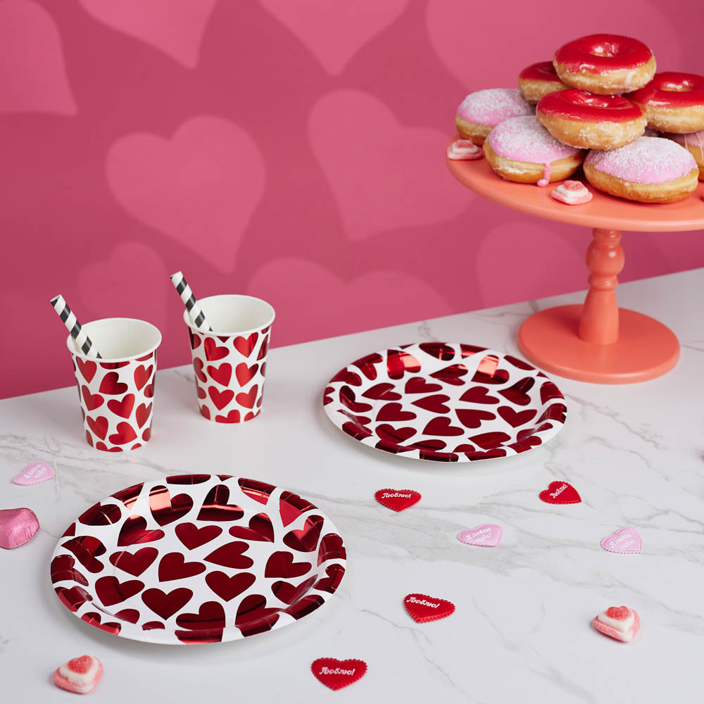 Набор тарелок бумажных, с фольгированным слоем, с сердечками, 2 цвета, красный, розовый, 20 см, 6 шт - #6