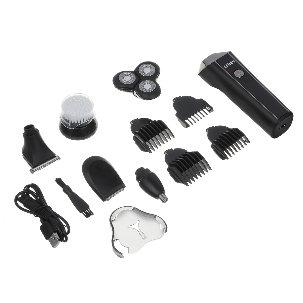 LEBEN Набор бритвенный, 600 мА/ч,5 Вт, дисплей, 5 насадок, триммер, бритва, насадки, щётка, зарядка - #6