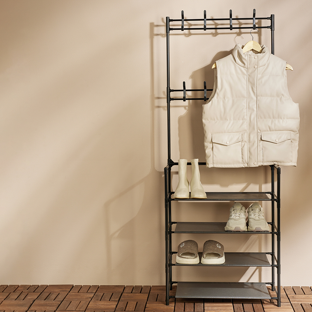 VETTA Напольная вешалка для одежды с этажеркой для обуви, 4 яруса, 60х30х155см, металл, пластик - #9
