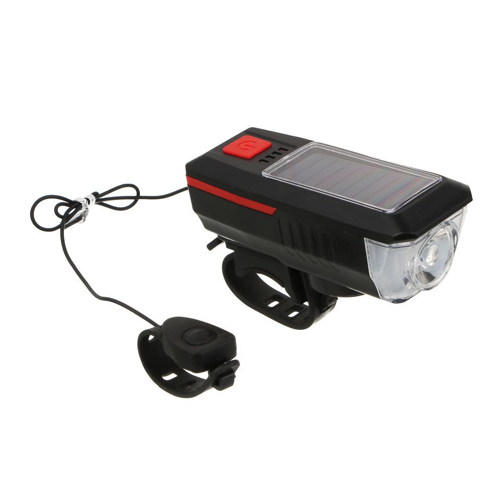 Фонарь велосипедный передний с звонком, тм BY SPORT, с зарядкой от солнечной батареи/USB, 3/6 реж. - #1
