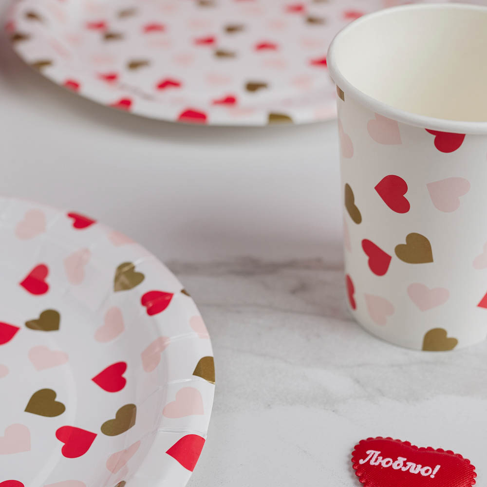 Набор тарелок бумажных, с фольгированным слоем, с сердечками, 2 цвета, красный, розовый, 20 см, 6 шт - #14