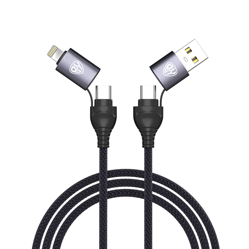 BY Кабель для зарядки Diverse 4в1 USB/iP/microUSB /Type-C, 1м,Быстрая зарядка 65W, тканевый, черный - #1