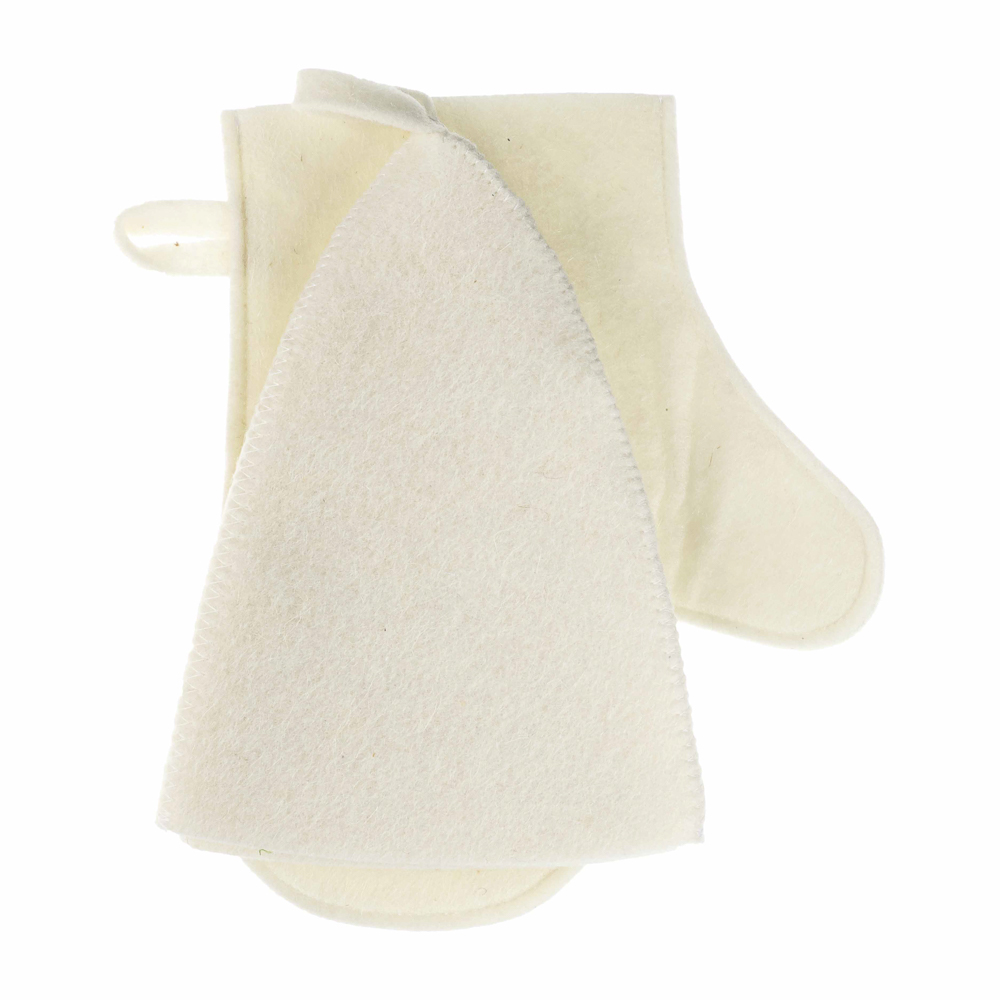 Набор банный ЭКОНОМ 2 предмета без вышивки (рукавица, шапка) в пакете, войлок белый/серый - #6