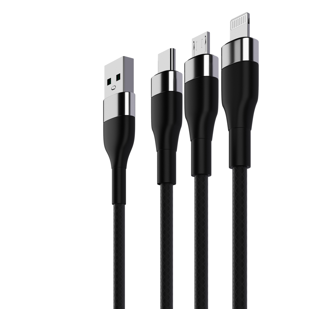 BY Кабель для зарядки 3 в 1 iP/Micro USB/Type-C, 1.5м, 2.1А, тканевая оплётка, металлик, черный - #3