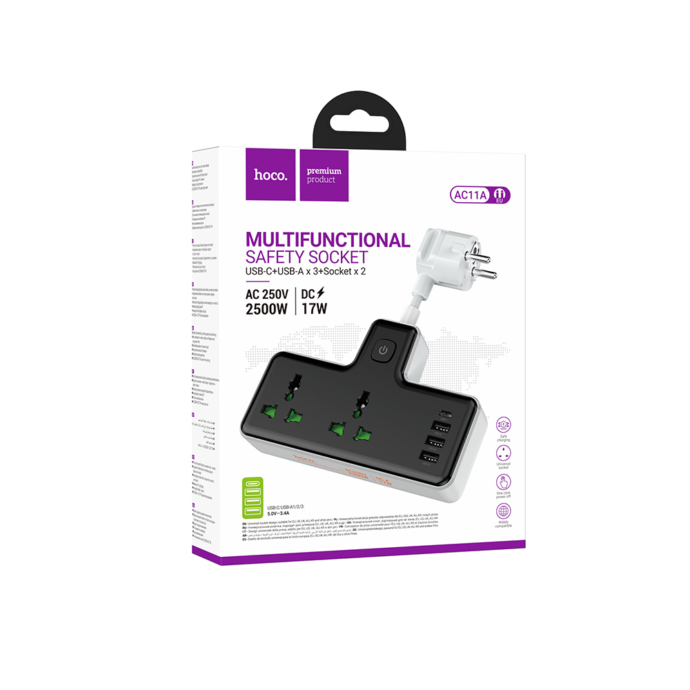 Разветвитель 2 гнезда hoco. модель AC11A, 10А, 250В, с функцией зарядки, черный - #2