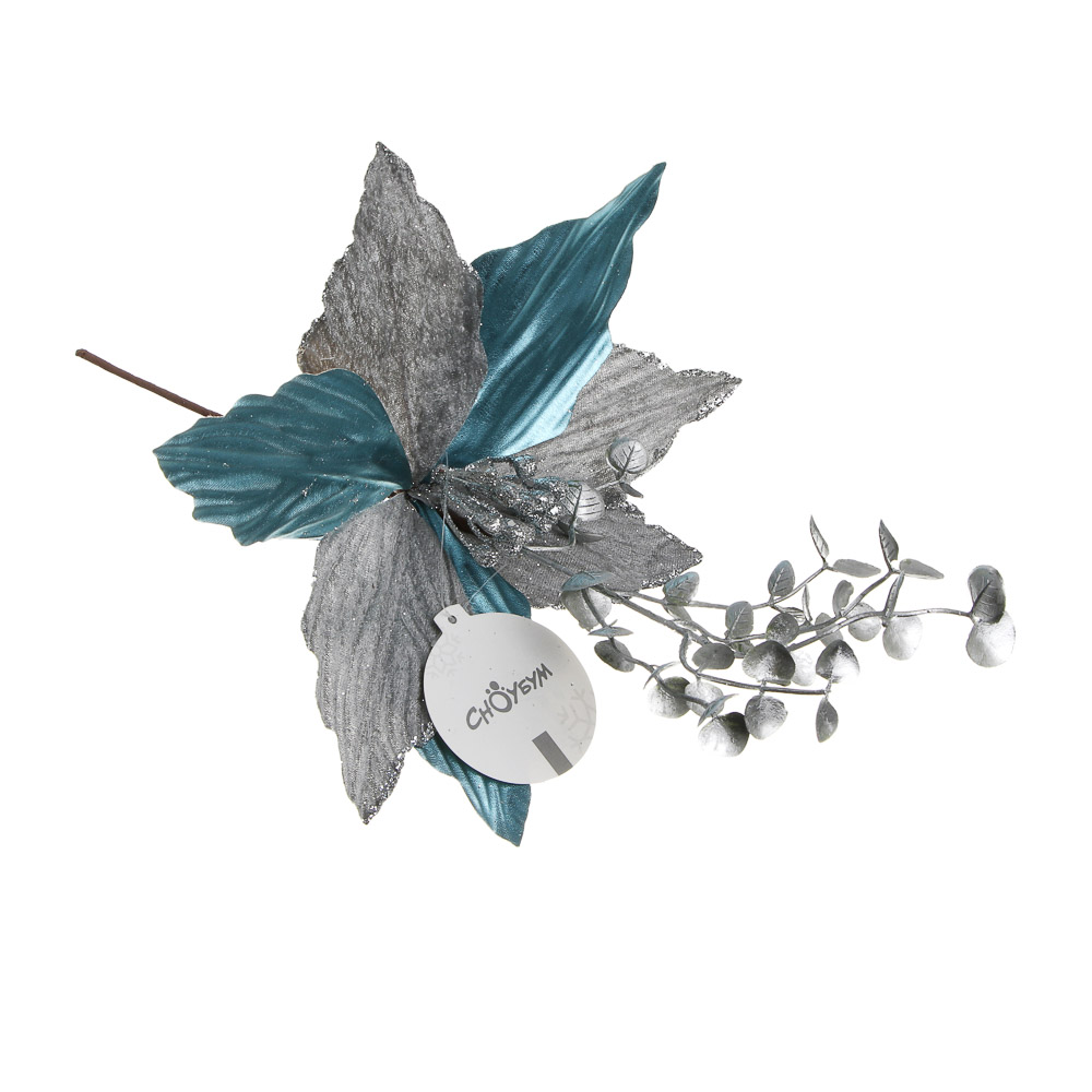 СНОУ БУМ Цветок декоративный на ветке 36x24 см, полиэстер, металл, серебро - #4