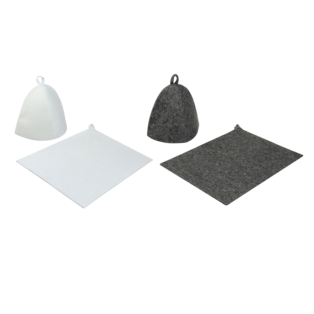 Набор банный ЭКОНОМ 2 предмета без вышивки (шапка, коврик) в пакете, войлок белый/серый - #1