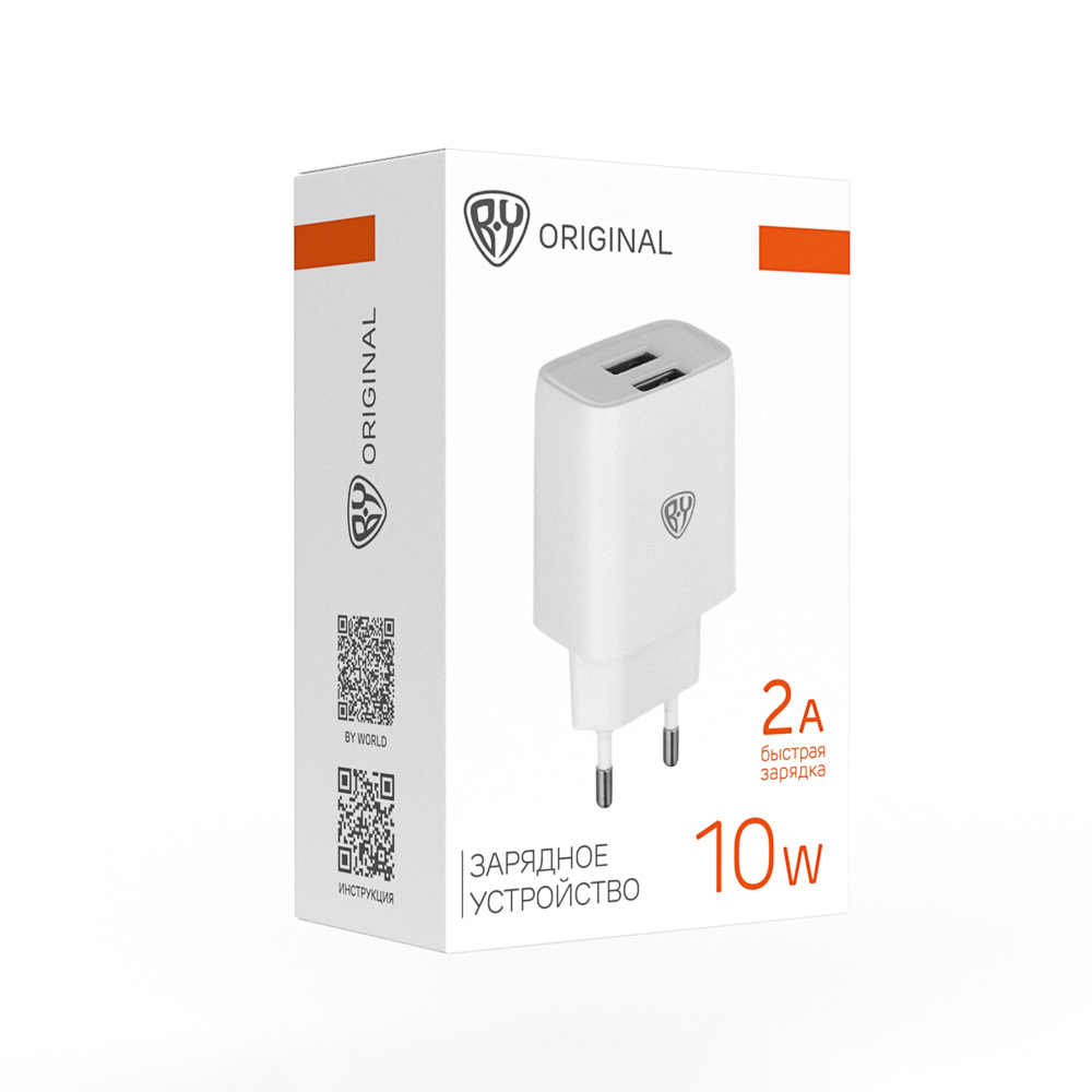 BY Сетевое зарядное устройство Double 10Вт, 2xUSB, 2А, 5В,110-240В, 50-60Гц, пластик белый - #1