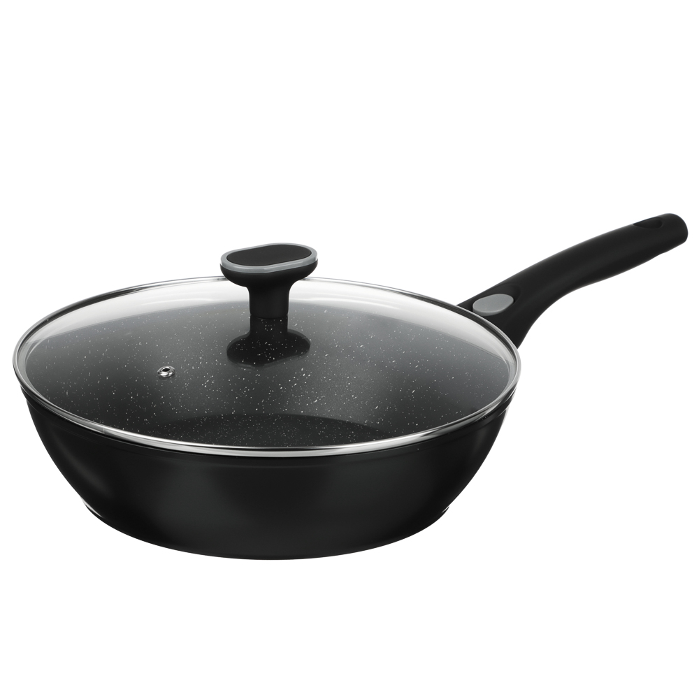 Сковорода глубокая литая тм SATOSHI Оникс с крышкой d28см, антипр.покр. мрамор, съем. ручка, индук. - #1