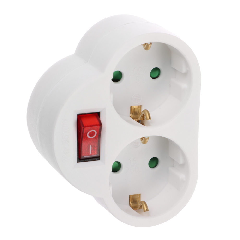 FORZA Разветвитель 2 х гнезда, евро, с заземлением, 16А, 3500Вт, с выключателем, белый - #1