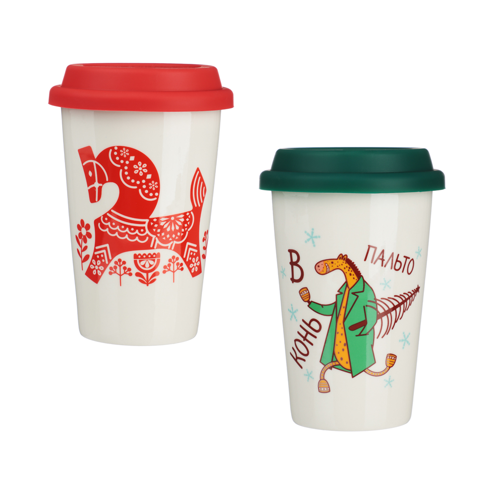 MILLIMI Кружка для кофе с силиконовой крышкой 450мл, фарфор, 2 дизайна - #1