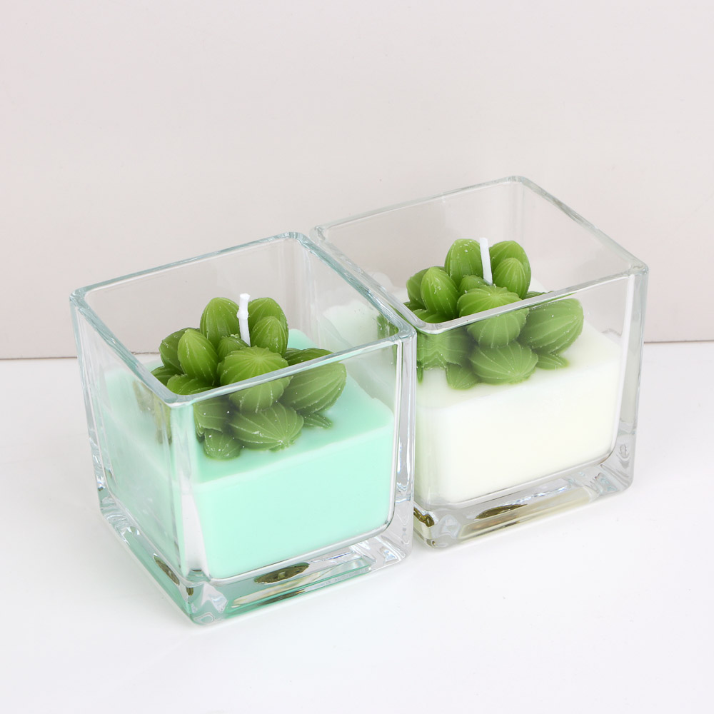 Свеча - кактус, парафин, 6x6,5 см, стеклянный подсвечник - #5