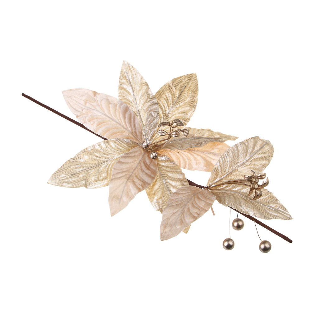 СНОУ БУМ Цветок декоративный на ветке 53x28 см, полиэстер, металл, шампань - #1