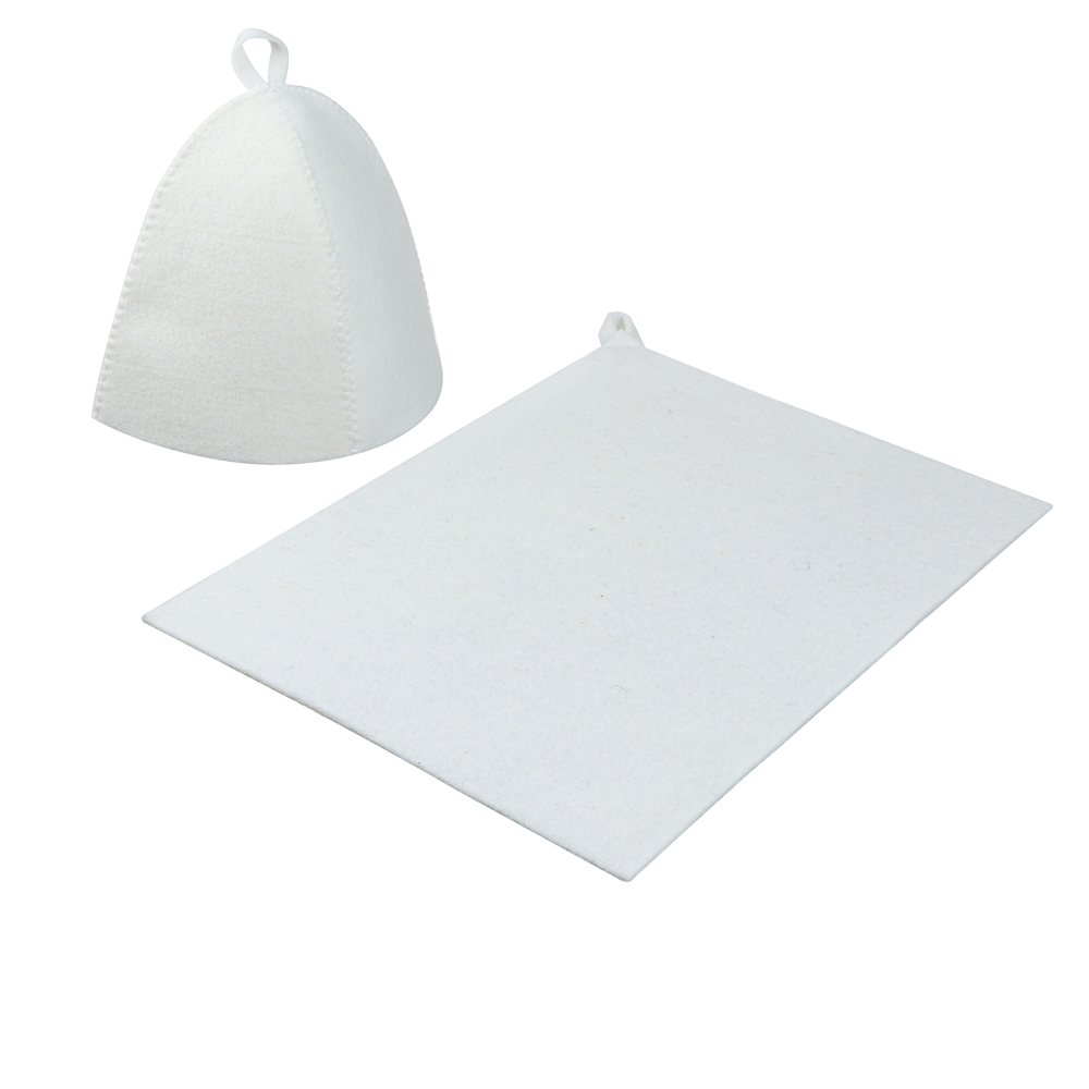 Набор банный ЭКОНОМ 2 предмета без вышивки (шапка, коврик) в пакете, войлок белый/серый - #11
