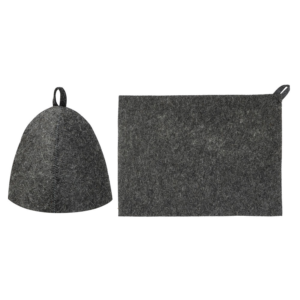 Набор банный ЭКОНОМ 2 предмета без вышивки (шапка, коврик) в пакете, войлок белый/серый - #3