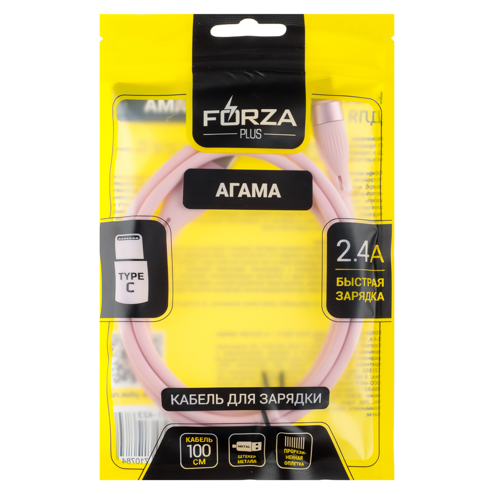 FORZA Кабель для зарядки Агама Type-C, 1м, Быстрая зарядка 2.4А, 12W, прорезиненный, 4 цвета - #2