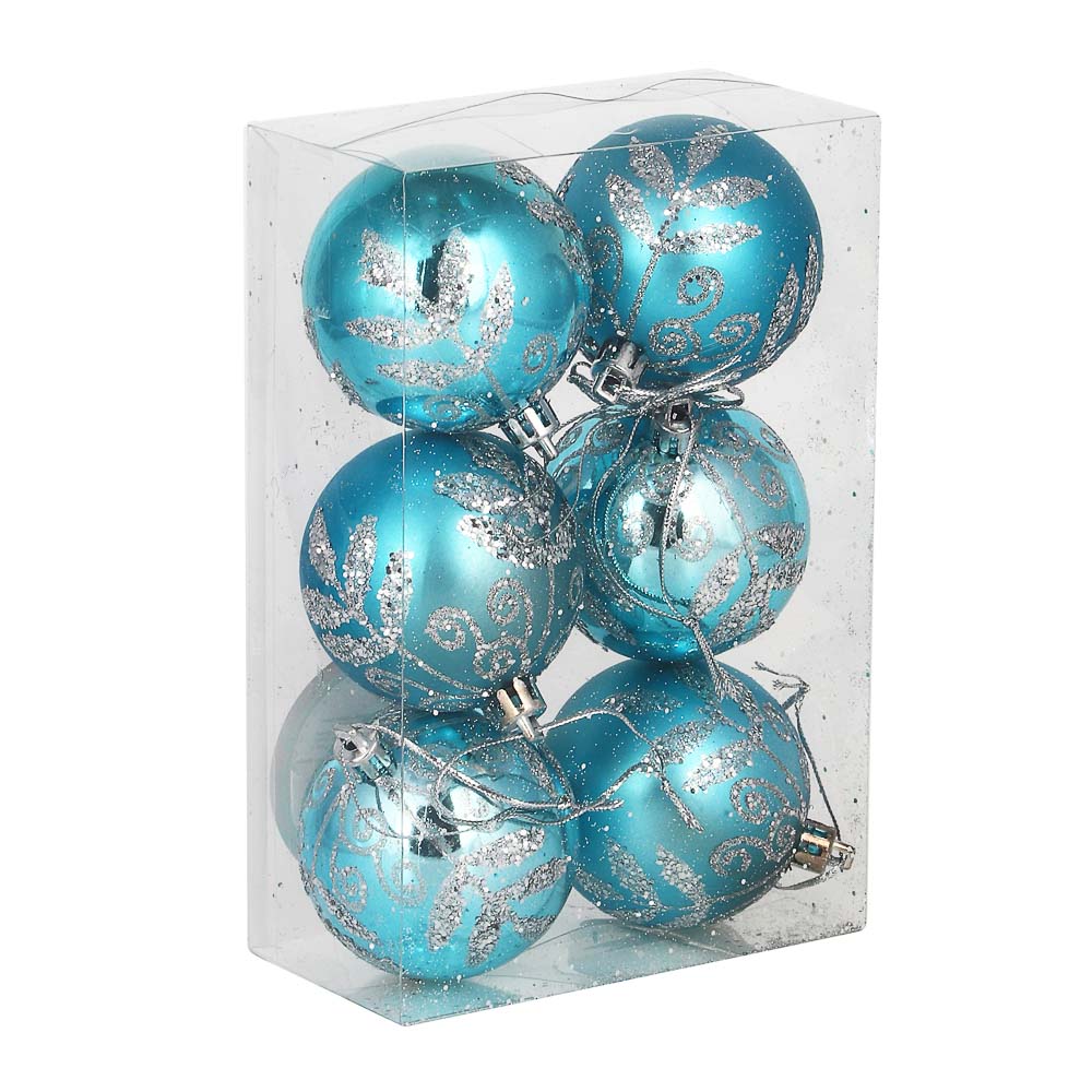 СНОУ БУМ Набор шаров с декором и пайетками 6шт 6см, голубой с серебром, пластик - #4