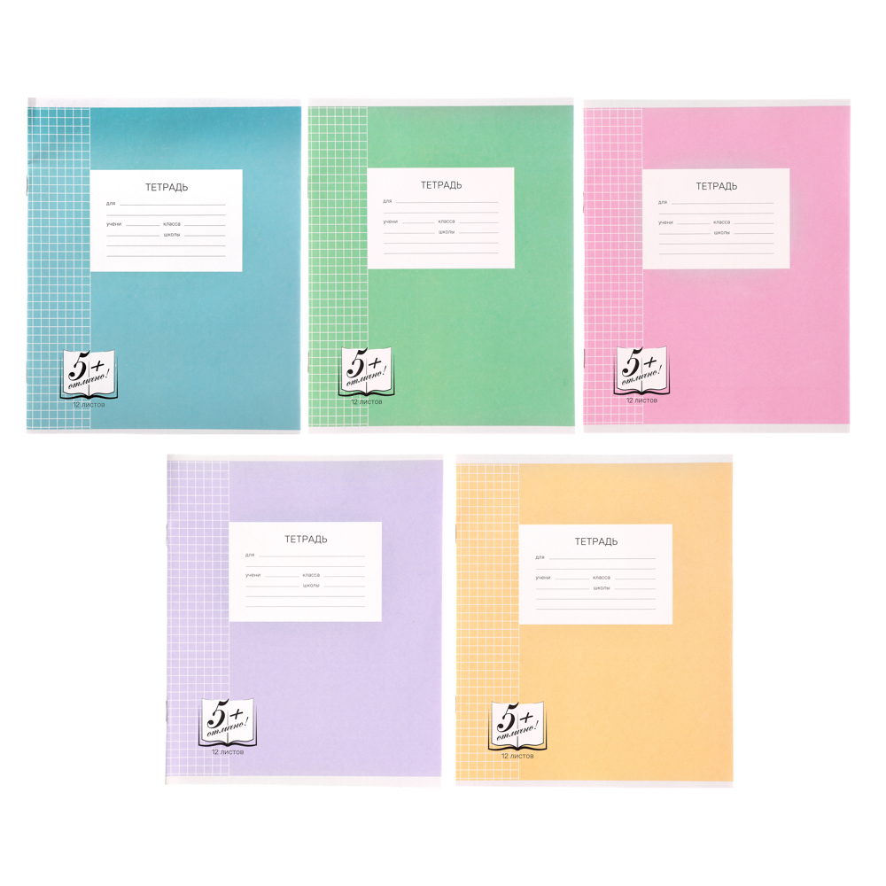 Тетрадь школьная 12л. в клетку, БЕЛЫЕ ЛИСТЫ обложка плотный офсет 115 гр "Пятерка" - #1