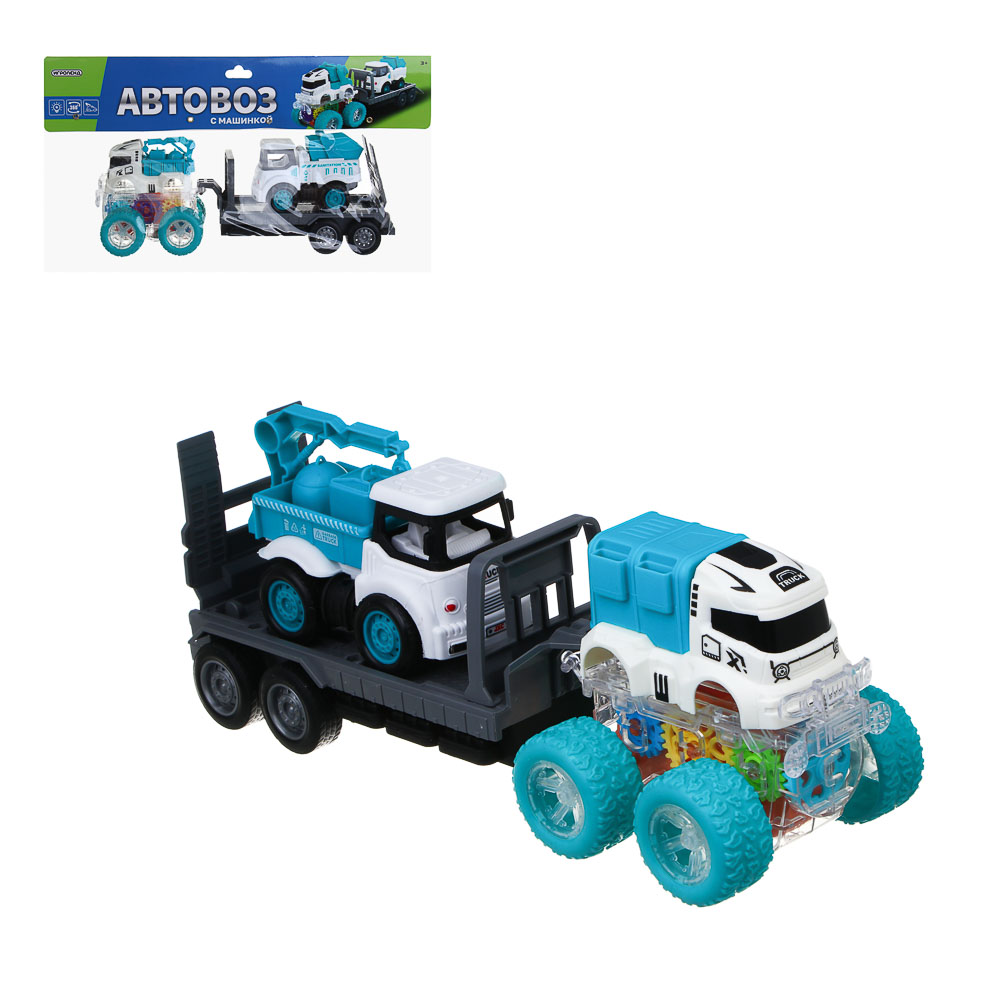 ИГРОЛЕНД Автовоз с машинкой, свет, инерция, 3хLR44, резина, ABS, 34х8,3х20 см, 6 диз - #1