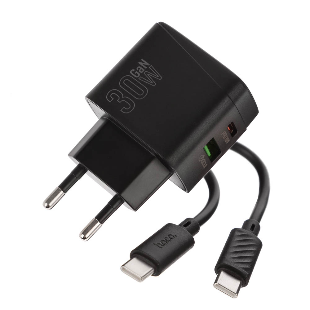 hoco. Зарядное устройство модель CS61A, USB+C 30W+ Кабель для зарядки С-С, цвет: черный - #14