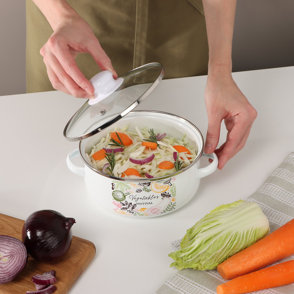 Набор эмалированных кастрюль со стекл. крышками, 4пр. (18/24см, 1,5/4л) "Овощной микс", индукция - #11