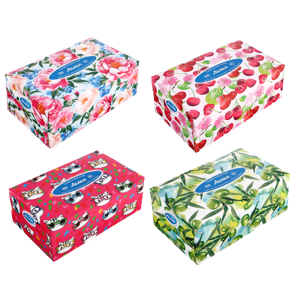 Салфетки бумажные двухслойные Лилия non-stop, 4 дизайна, 200л - #1