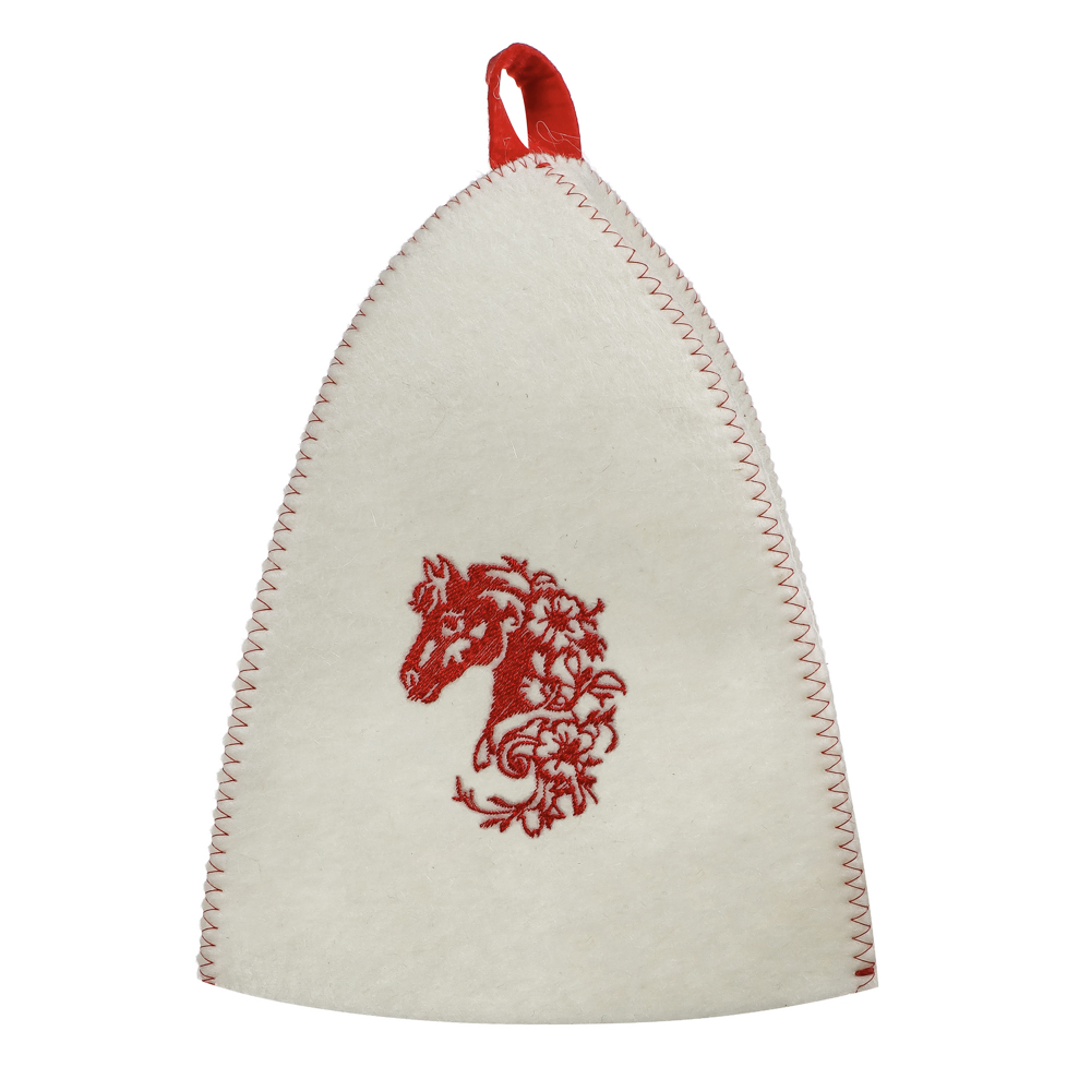 Шапка банная с вышивкой КОНЬ, войлок белый/серый - #7