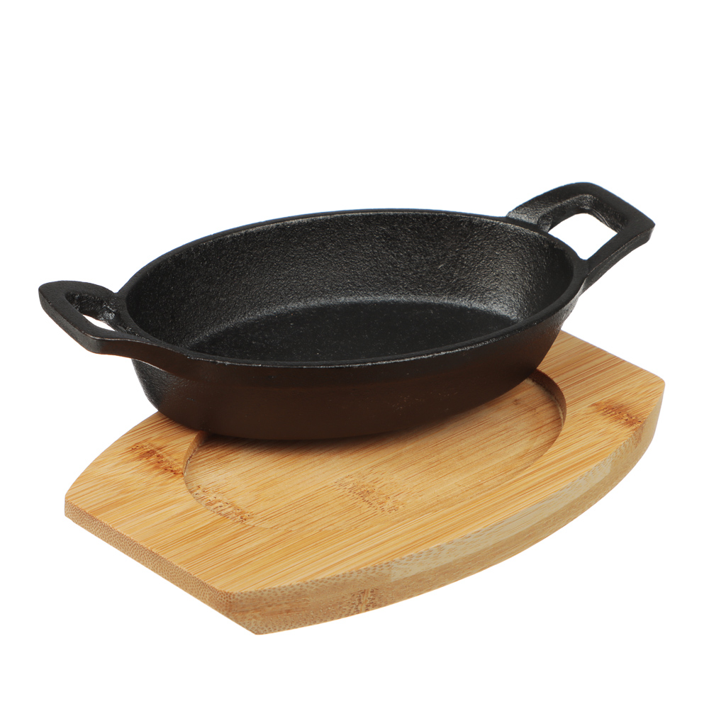SATOSHI Сковорода мини на подставке из бамбука чугун, овальная, 15х9.8см, индукция - #5