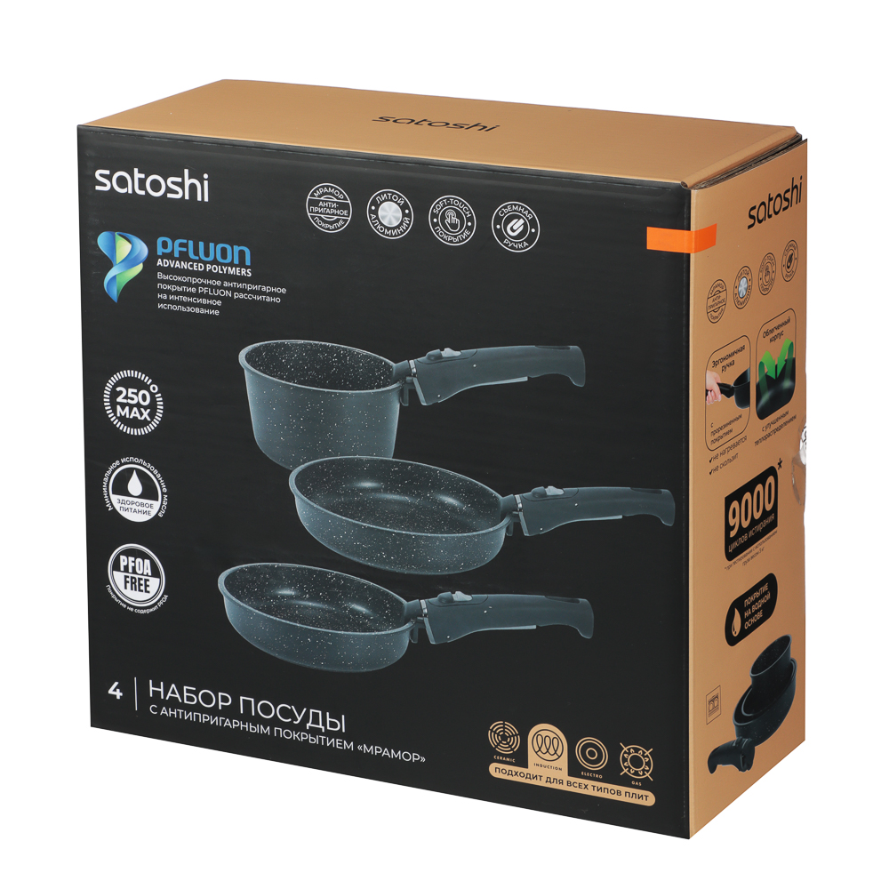 SATOSHI Нера Наб.пос. 4пр съемная ручка, ковш 1,3л, сковороды 20,24см, антиприг.мрамор, индукция - #11