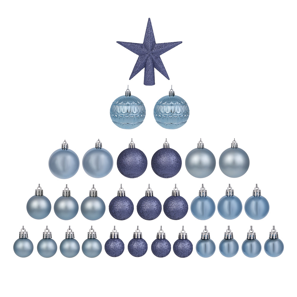 СНОУ БУМ Набор шаров и украшений 30 шт, 3см, 4см, 6см, 8см, синий - #1