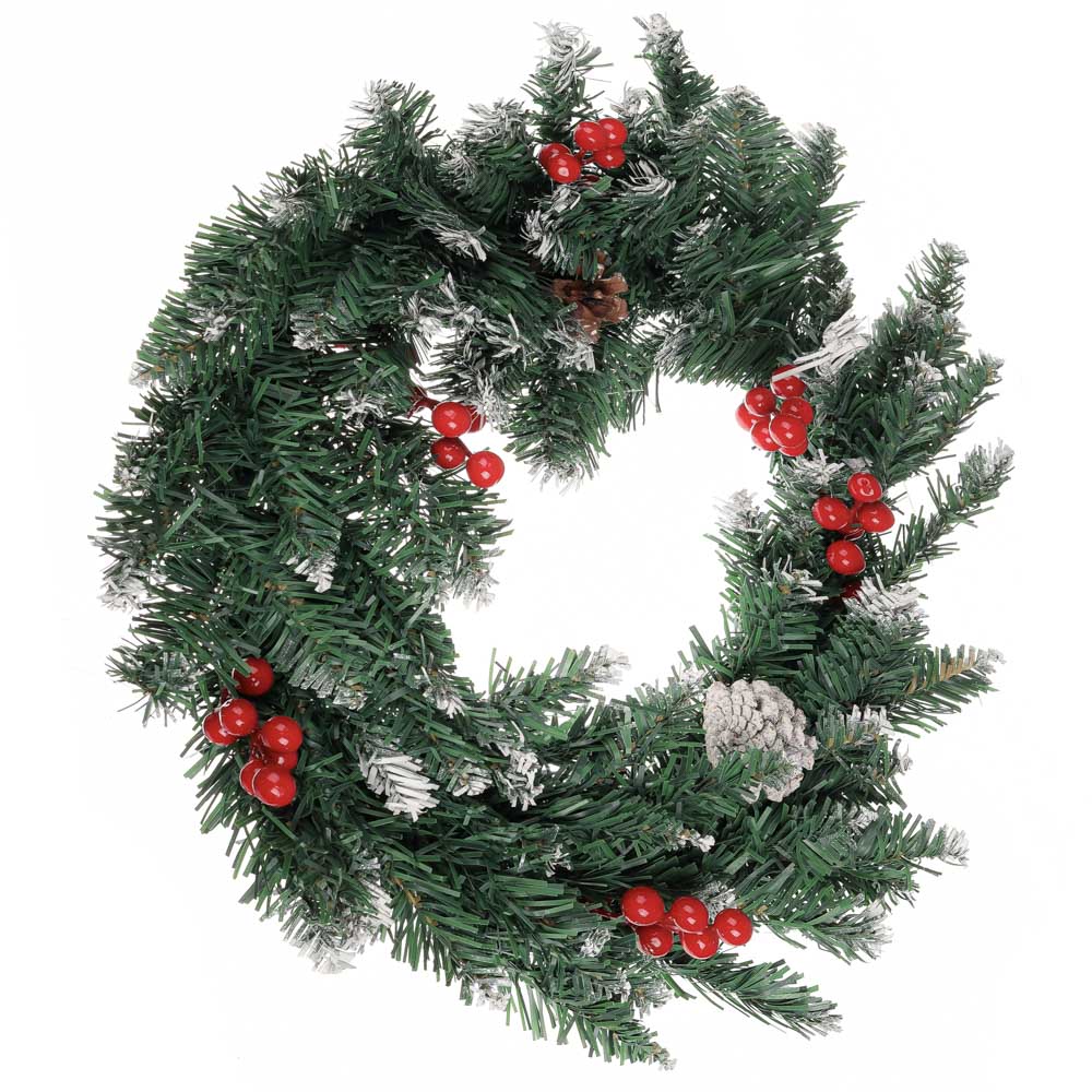 СНОУ БУМ Венок рождественский заснеженный с шишками и ягодами, 40см, 80 веток, ПВХ, дерево - #4