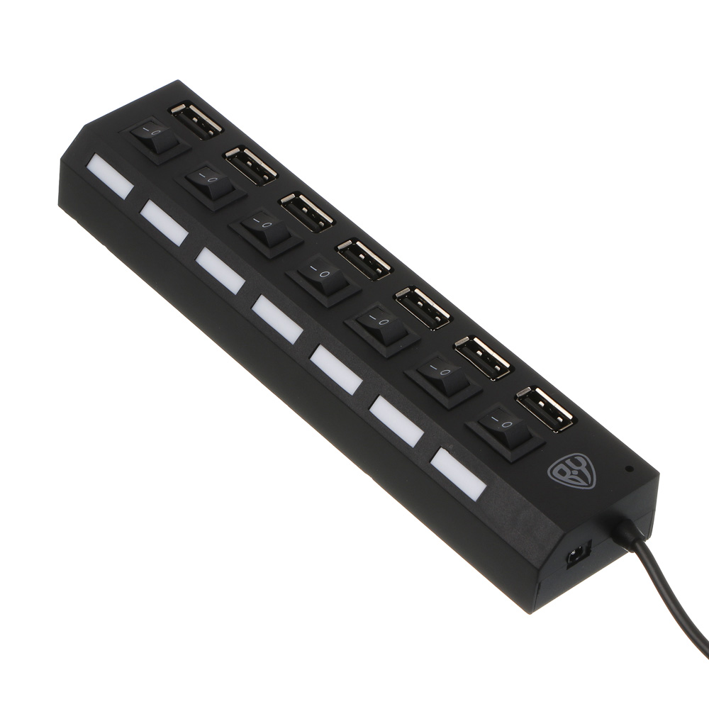 USB-хаб 7xUSB2.0 BY с выключателями, кабель USB(A) 15см, пластик, чёрный - #6