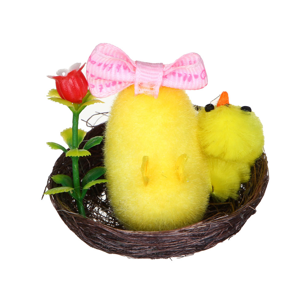 Декор Пасхальный в виде курочки в бантике, в гнезде,5x4,5 см,полиэст, пеноп,пласт,сизаль,картон,3 цв - #4