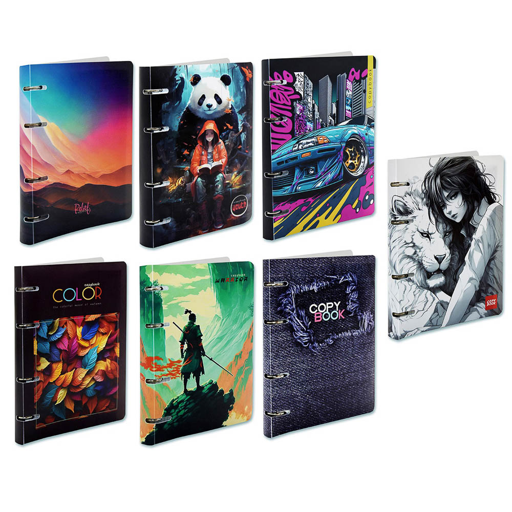 Тетрадь на кольцах А5, 80 л., клетка, обложка пластик, белый блок, микс - #1