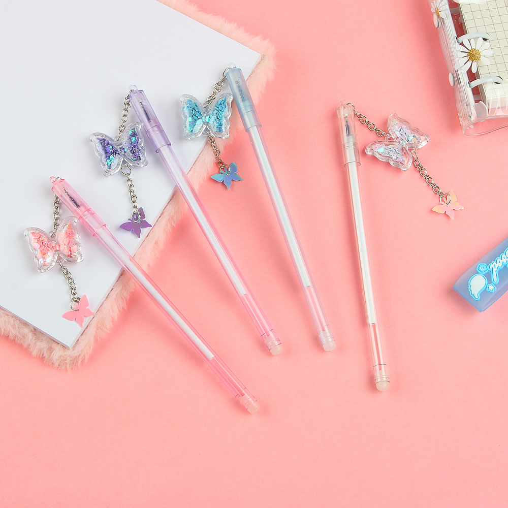Ручка гелевая с подвеской в форме бабочки, (внутри блестки), 16см, 4 цв корпуса, пластик, металл - #5