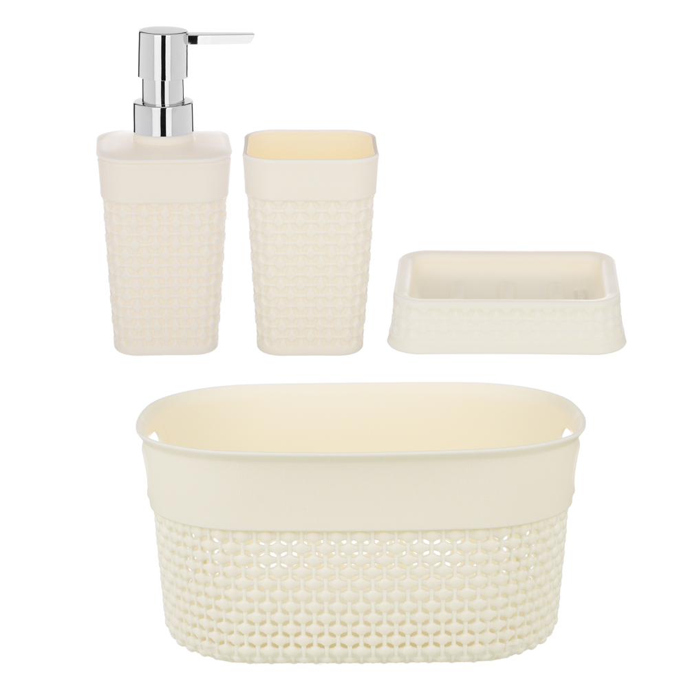 Набор для ванной комнаты OSLO 4 предмета (корзина 3л, дозатор, мыльница, стакан), пластик, лен - #3
