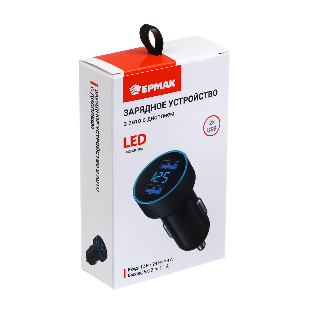 ЕРМАК Зарядное устройство в авто с дисплеем, 2xUSB, 3.1А, 12/24В, пластик - #5