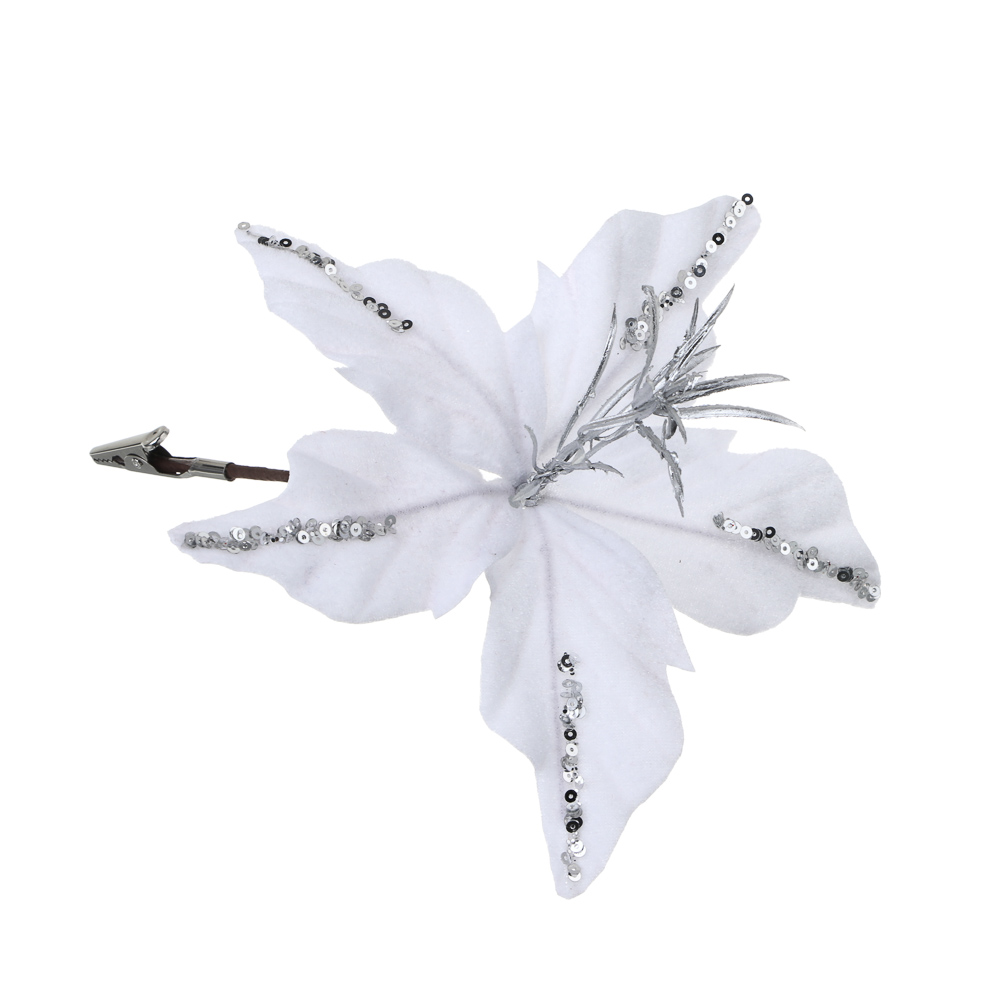 СНОУ БУМ Пуансетия 15 см на прищепке (5 лепестков), глиттер, металл, полиэстер, 26-605 - #1