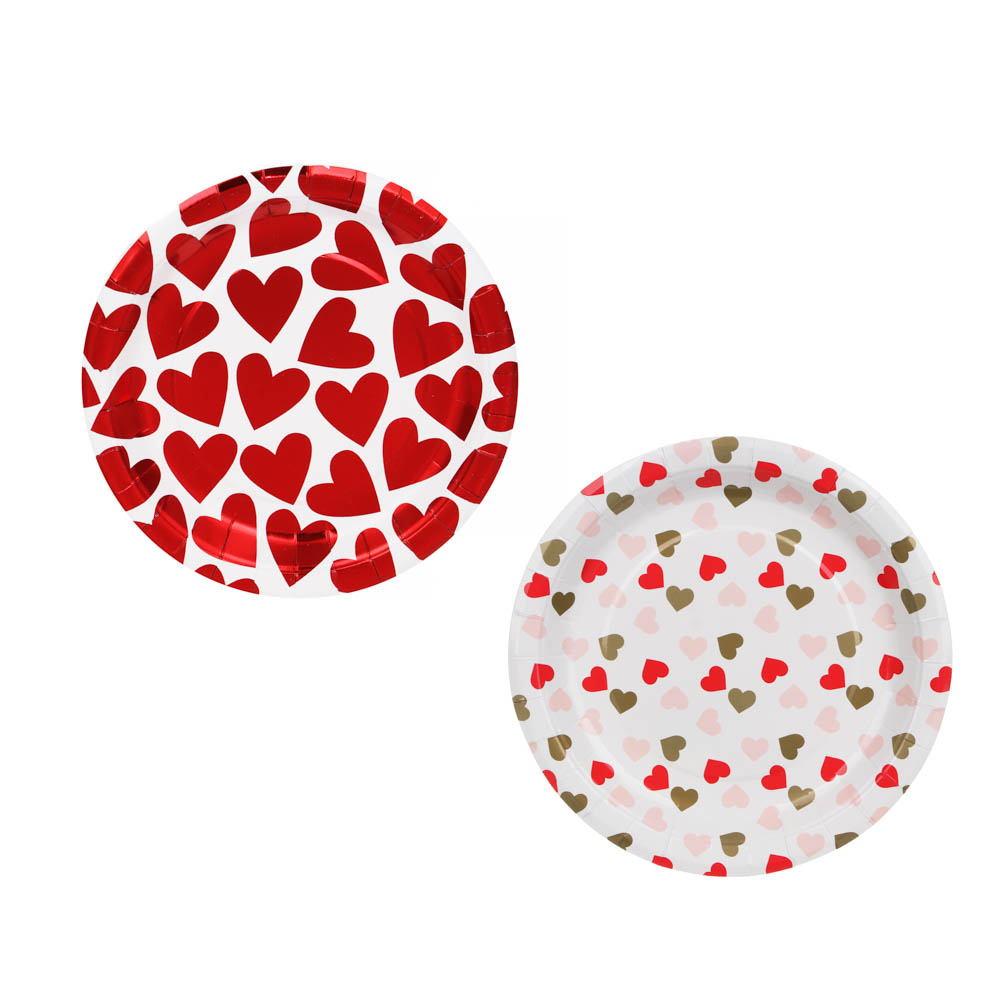 Набор тарелок бумажных, с фольгированным слоем, с сердечками, 2 цвета, красный, розовый, 20 см, 6 шт - #1